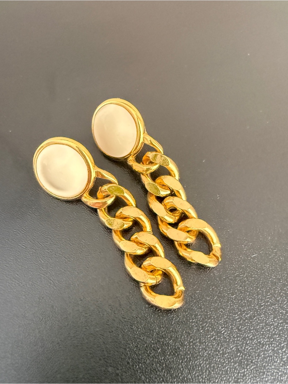 Vintage Gold Tone White Oval Chain Clip-On Earrings